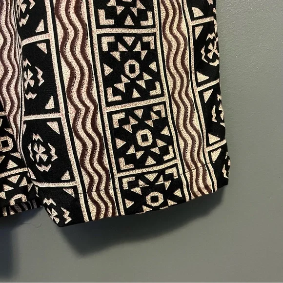 Vintage abstract vacation shorts elastic drawstring high waist black brown tan M - Picture 6 of 10